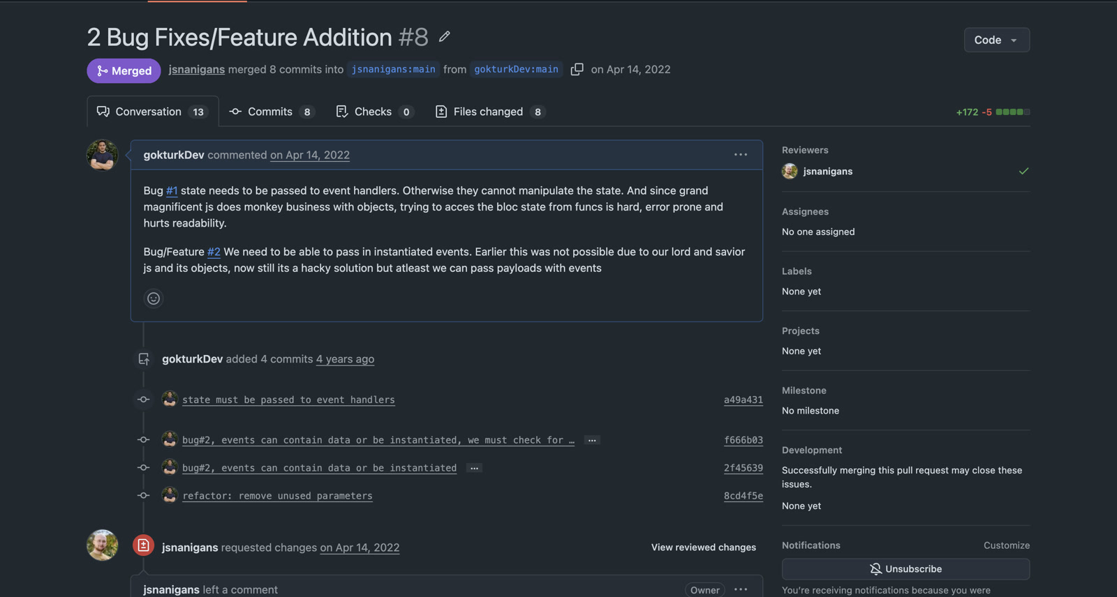 GitHub pull request #8 in jsnanigans/blac, showing my two bug fixes and its merged status on April 14, 2022.